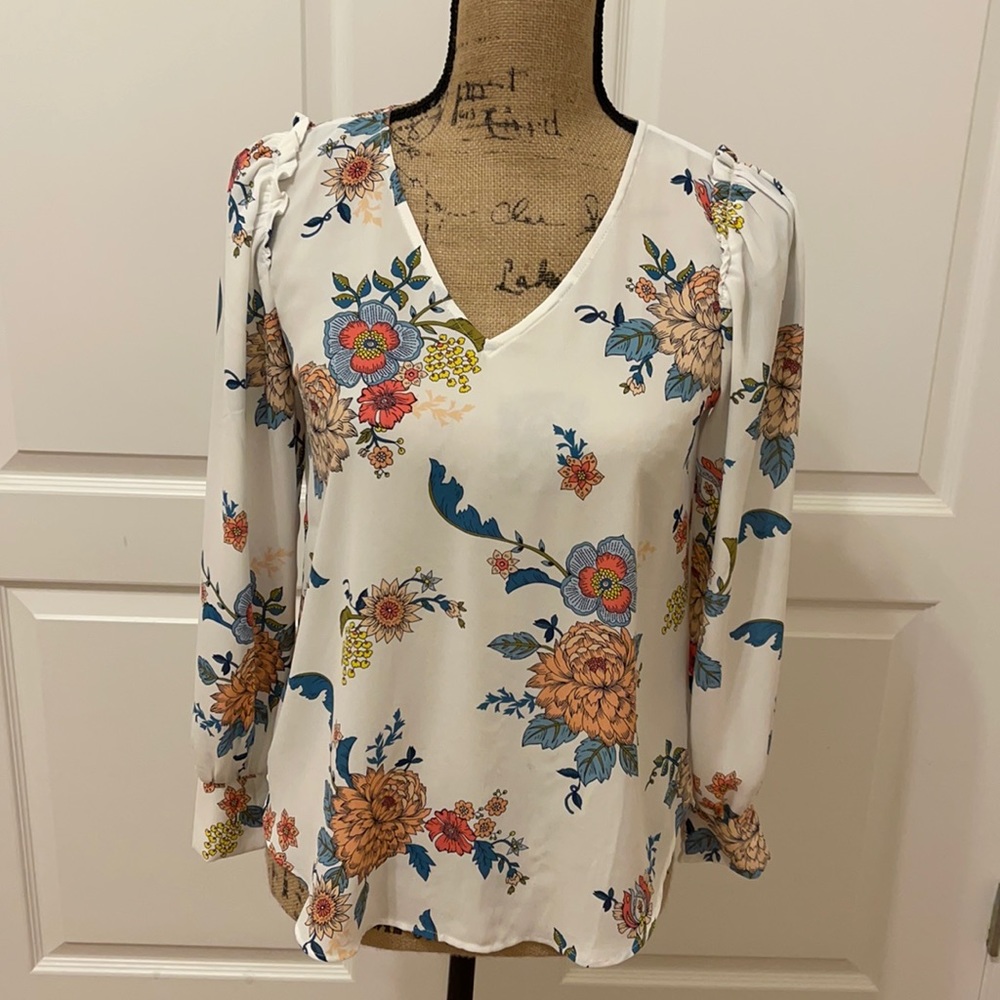 LOFT long sleeved blouse, pink and blue floral print, size XSP